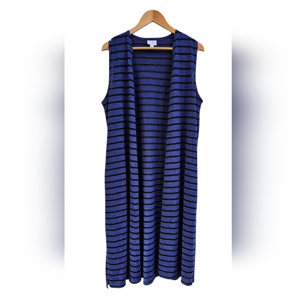 LuLaRoe- 'Joy' Long Striped Sleeveless Cardigan Open Front Large Side Slits